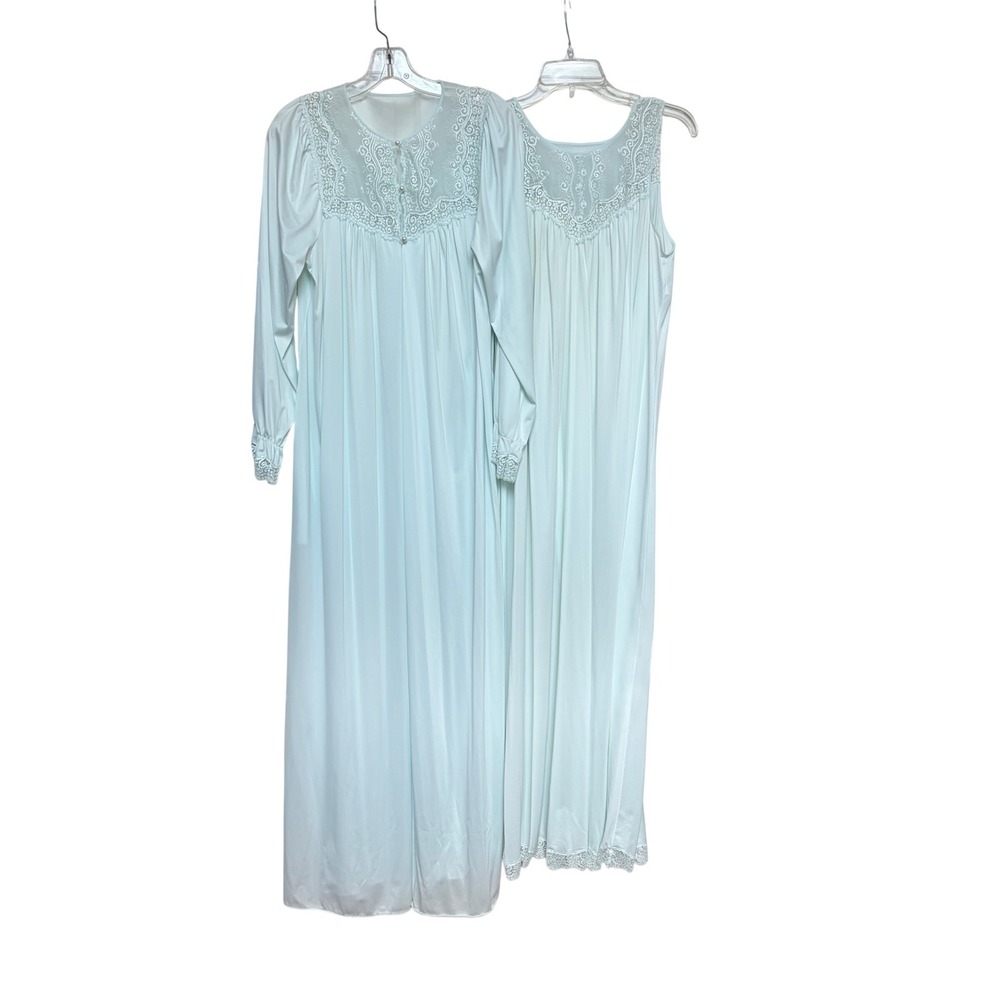 Vintage Shadowline Mint Green Lace Peignoir Nightgown Robe Set Medium USA Nylon